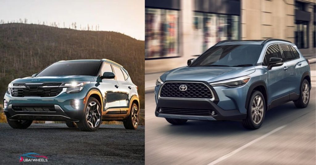 Toyota Corolla Cross vs Kia Seltos engine performance comparison in UAE showing hybrid and petrol powertrains