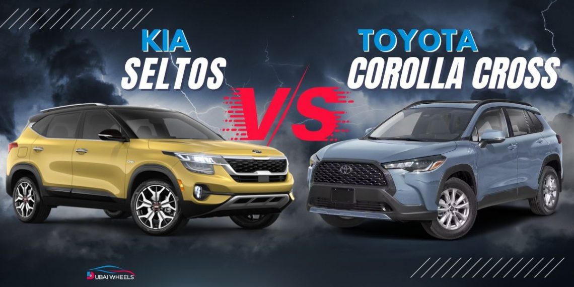 Toyota Corolla Cross vs Kia Seltos UAE comparison showing exterior design and size difference