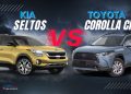 Toyota Corolla Cross vs Kia Seltos UAE comparison showing exterior design and size difference