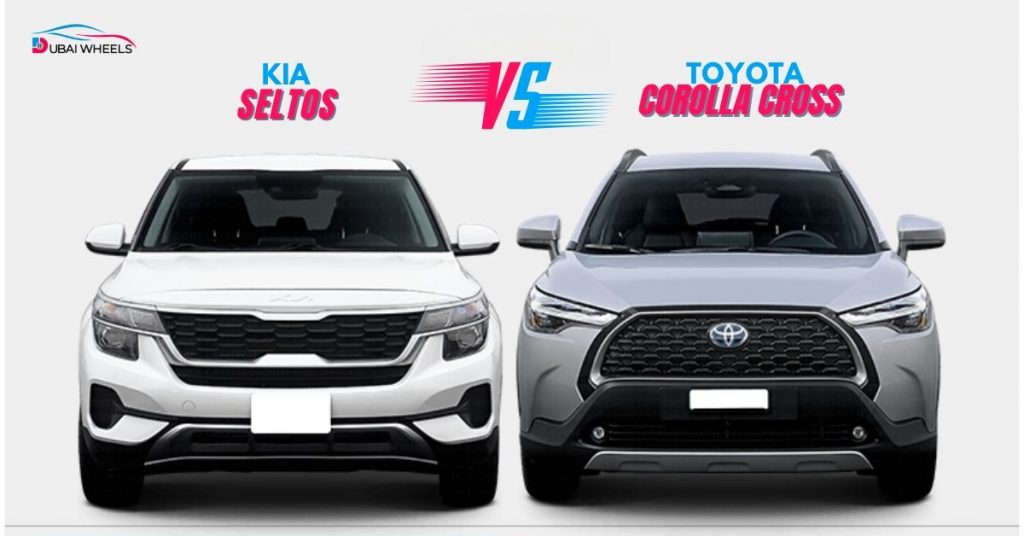 Toyota Corolla Cross vs Kia Seltos UAE market position infographic showing lifestyle focus, hybrid efficiency, and urban styling