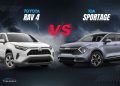 Toyota RAV4 vs Kia Sportage UAE comparison showing exterior design of both compact SUVs