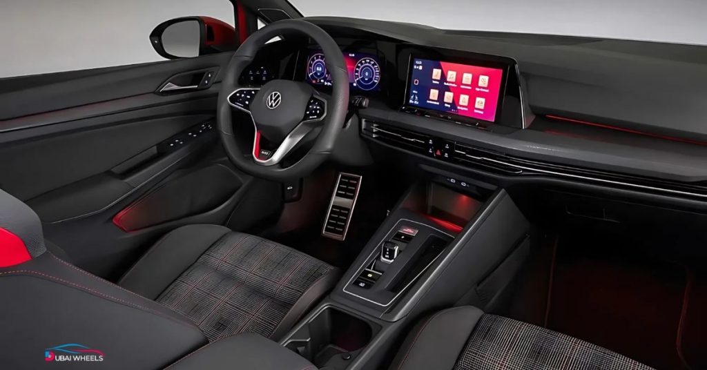 Volkswagen Golf GTI interior in UAE showing sporty design, premium seats, and advanced dashboard features