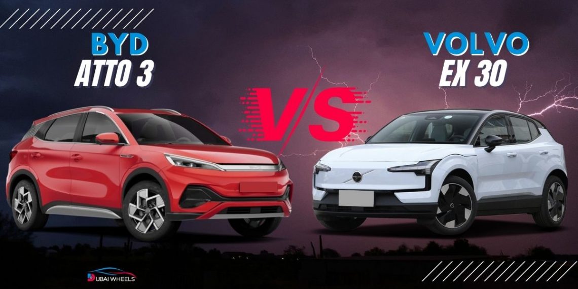 Volvo EX30 vs BYD Atto 3 UAE electric SUV comparison showing range, design, and features