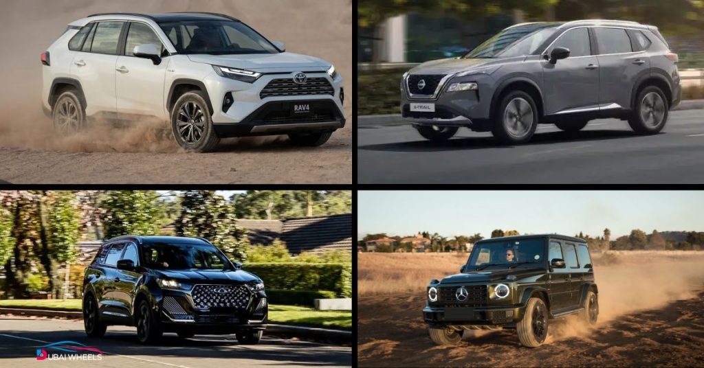 All-Wheel-Drive (AWD) cars in UAE driving on desert dunes and city highways showing improved traction and stability.