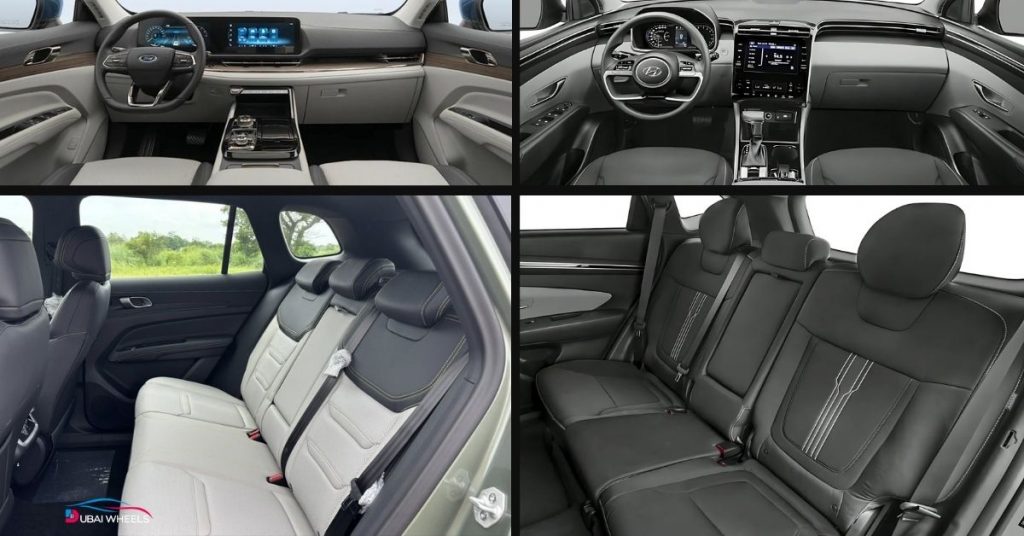Ford Territory vs Hyundai Tucson UAE 2026 interior comparison showing cabin space, comfort features, rear seating, and family-friendly design
