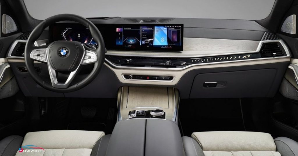 BMW X7 vs Mercedes-Benz GLS UAE comparison highlighting the BMW X7 interior with curved digital display and premium leather seats