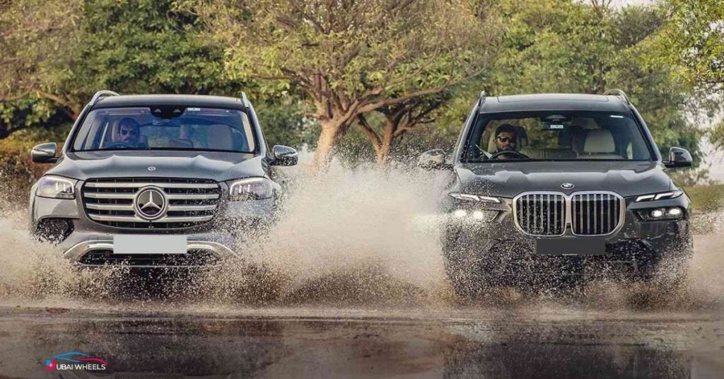 BMW X7 vs Mercedes-Benz GLS UAE towing capacity comparison showing both luxury SUVs pulling a trailer