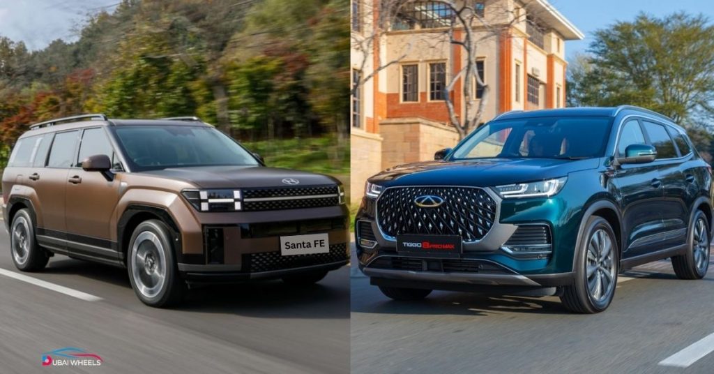 Chery Tiggo 8 Pro vs Hyundai Santa Fe UAE fuel economy comparison showing km/l efficiency for city and highway driving