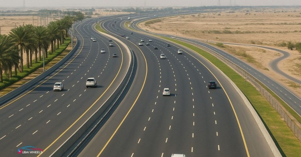 Background of Emirates Road (E611) in UAE under the Emirates Road Speed Limit 2026 guide showing federal highway connectivity and traffic enforcement system