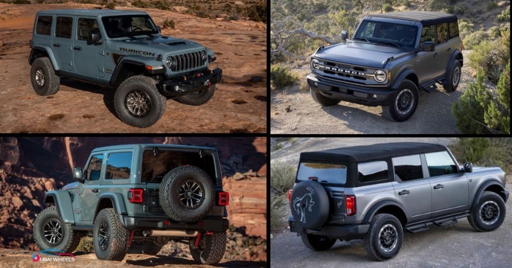 Ford Bronco vs Jeep Wrangler specs and performance comparison UAE 2026 showing engine power, torque, drivetrain and off-road capability