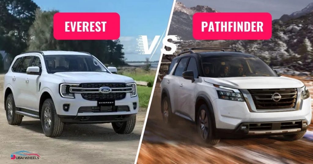 Ford Everest vs Nissan Pathfinder performance comparison in UAE showing engine specs, horsepower, and driving capability of both SUVs