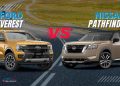 Ford Everest vs Nissan Pathfinder comparison in UAE showing exterior design, size, and road presence of both 7-seater SUVs