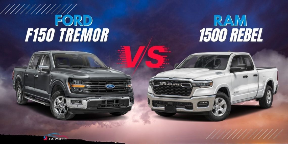 Ford F-150 Tremor vs RAM 1500 Rebel UAE comparison on road and desert terrain