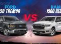 Ford F-150 Tremor vs RAM 1500 Rebel UAE comparison on road and desert terrain