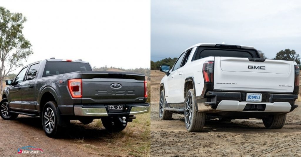 Ford F-150 Lariat vs GMC Sierra LD towing capacity comparison in UAE showing heavy trailer load and payload performance