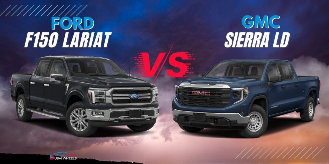 Ford F-150 Lariat vs GMC Sierra LD 2026 parked side by side in UAE desert showing design and size comparison