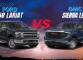 Ford F-150 Lariat vs GMC Sierra LD 2026 parked side by side in UAE desert showing design and size comparison