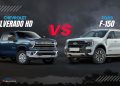 Ford F-150 vs Chevrolet Silverado HD 2026 comparison in UAE showing front exterior design and heavy-duty pickup capability