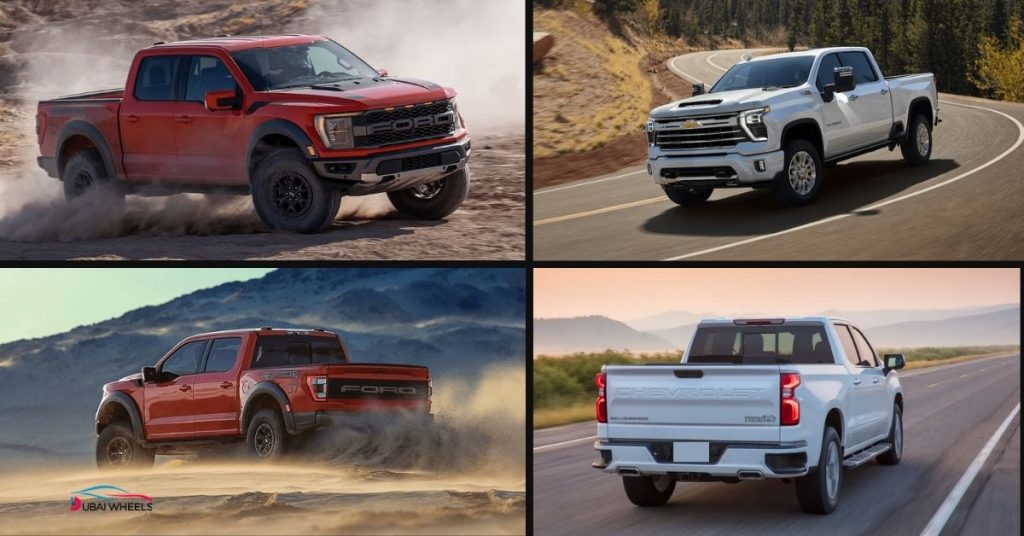 Ford F-150 vs Chevrolet Silverado HD full-size vs heavy-duty truck comparison in UAE showing size difference and ground clearance