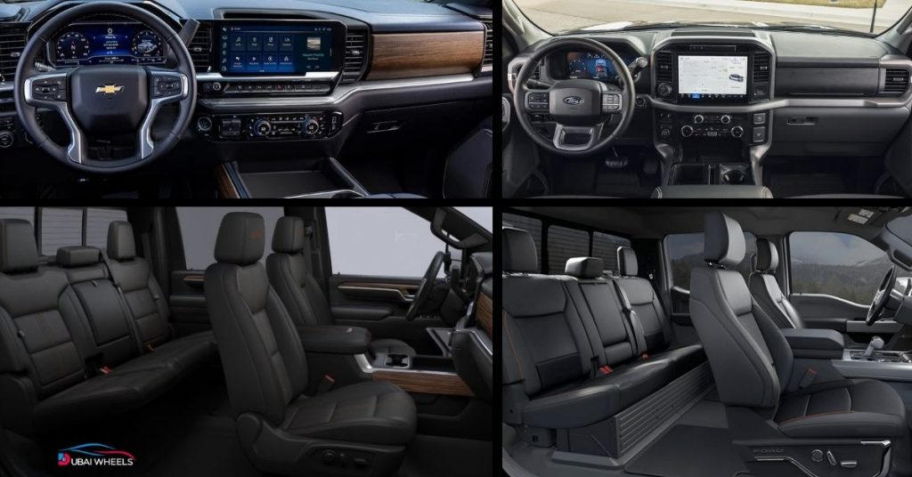 Ford F-150 vs Chevrolet Silverado HD interior comfort and technology comparison in UAE showing dashboard, infotainment screen and seating design