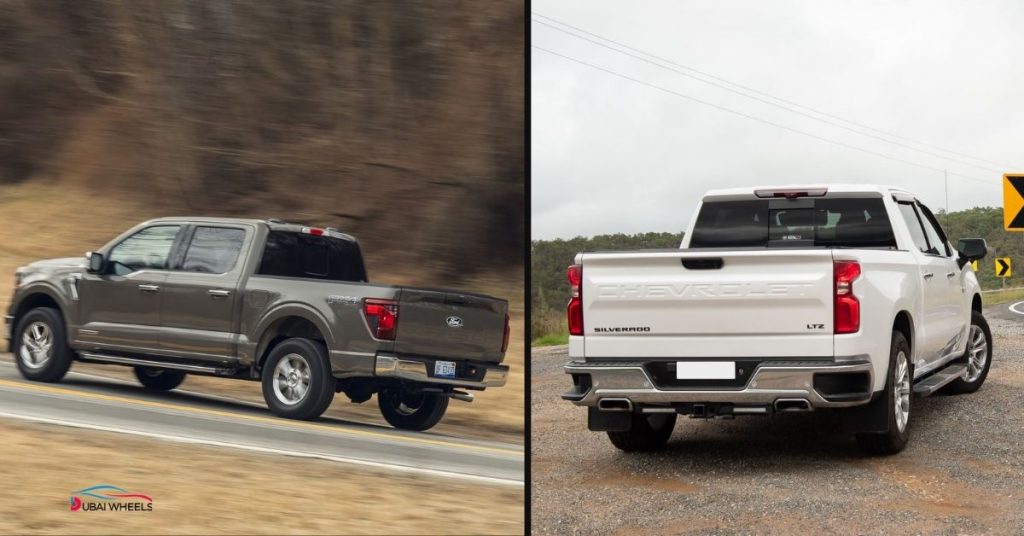 Ford F-150 vs Chevrolet Silverado HD towing and payload comparison test in UAE showing heavy-duty hauling capability