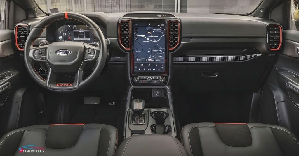 Ford Ranger Raptor interior comfort and premium features in UAE during Ford Ranger Raptor vs Toyota Hilux GR-Sport UAE comparison