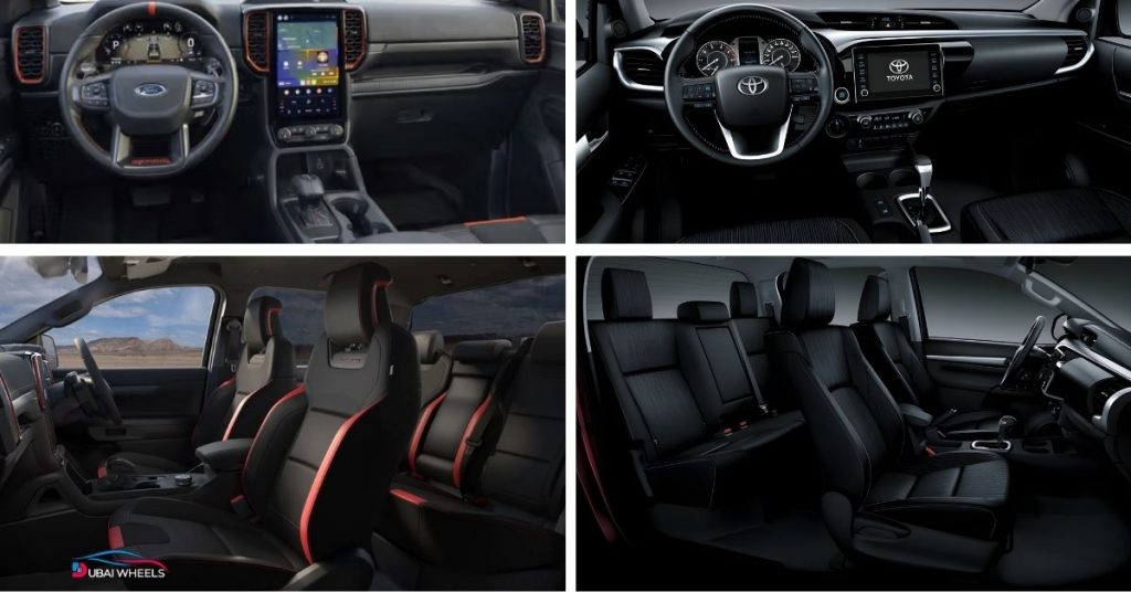 Ford Ranger Wildtrak 4X4 vs Toyota Hilux Invincible interior comparison showing dashboard, seats, and cabin quality in UAE