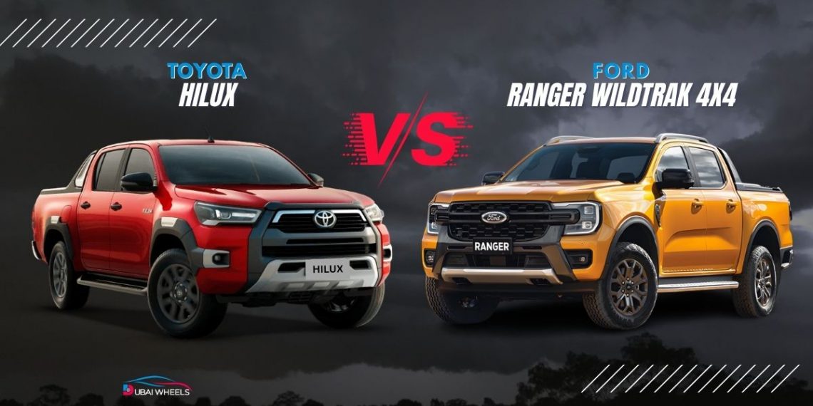 Ford Ranger Wildtrak 4X4 vs Toyota Hilux Invincible pickup comparison in UAE desert showing front design and off-road capability