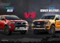 Ford Ranger Wildtrak 4X4 vs Toyota Hilux Invincible pickup comparison in UAE desert showing front design and off-road capability