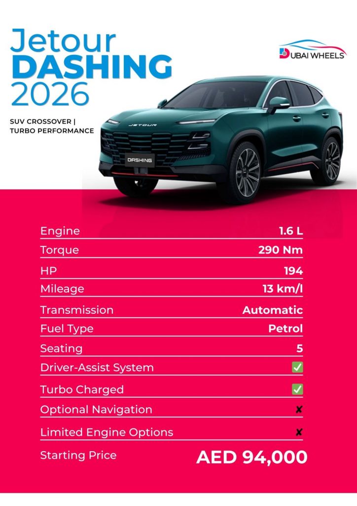 Jetour Dashing price in UAE infographic showing specs, monthly installment, fuel economy and warranty