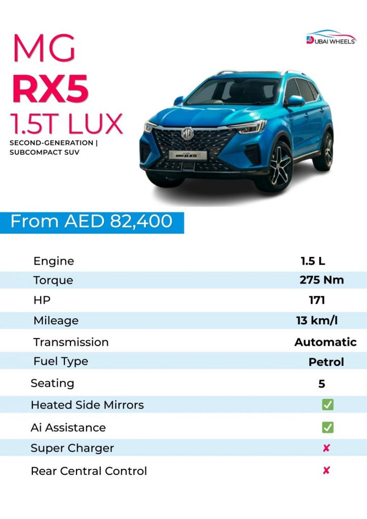 MG RX5 price in UAE 2026 compact SUV exterior view with key specifications