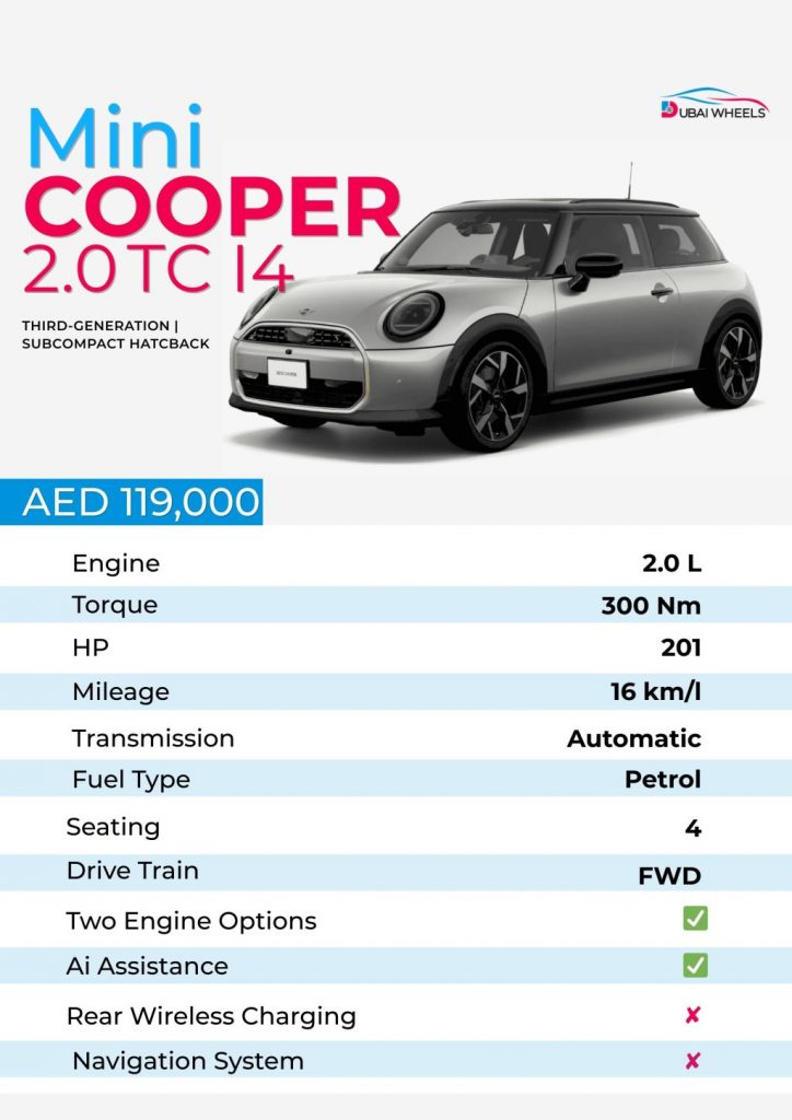 Mini Cooper price in UAE infographic showing models, EMI, fuel economy and maintenance cost