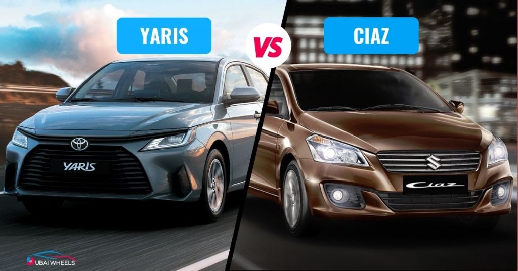 Suzuki Ciaz vs Toyota Yaris UAE side by side exterior comparison on Dubai road