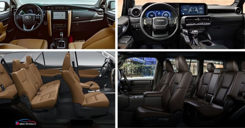 Toyota Prado vs Toyota Fortuner interior comparison showing dashboard, infotainment system, and seating comfort in UAE models