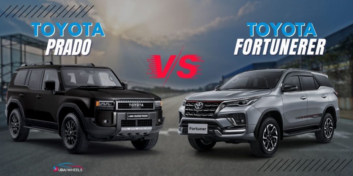 Toyota Prado vs Toyota Fortuner comparison showing both SUVs side by side in UAE desert environment