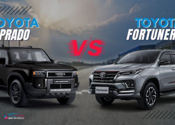 Toyota Prado vs Toyota Fortuner comparison showing both SUVs side by side in UAE desert environment