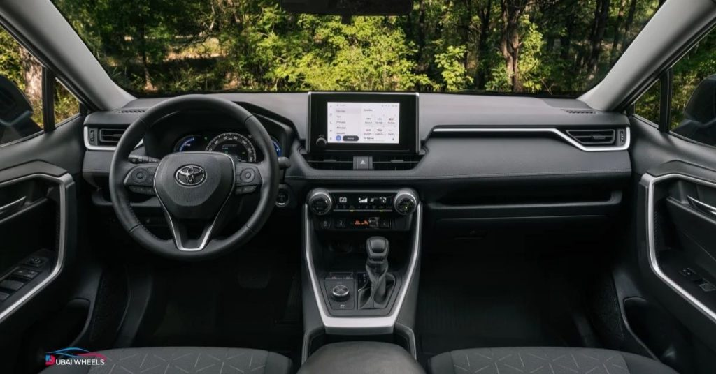 Toyota RAV4 interior UAE shown in Hyundai Tucson vs Toyota RAV4 comparison highlighting dashboard, infotainment system, and cabin comfort