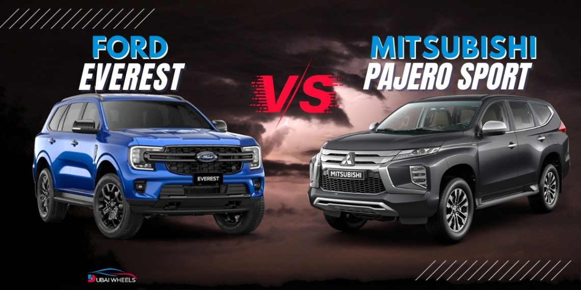Ford Next-Gen Everest vs Mitsubishi Pajero Sport UAE comparison showing two 7-seater SUVs for desert driving and family use