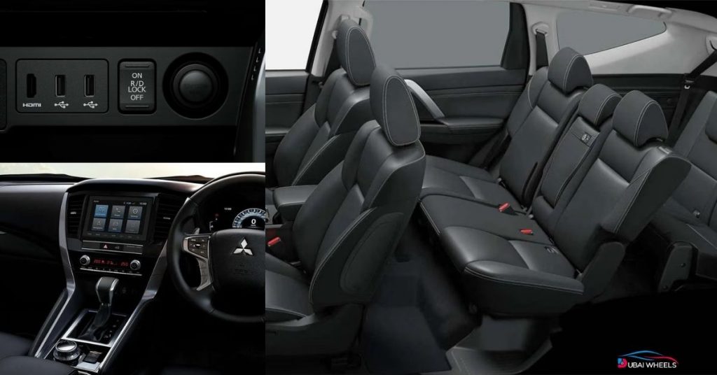 Mitsubishi Pajero Sport interior showing comfort and family-friendly features for UAE 7-seater SUV road trips