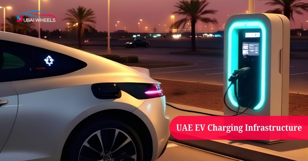 UAE EV charging infrastructure expansion in Dubai and Abu Dhabi with stations in residential communities, malls, highways, office towers, and public parking supporting electric vehicle adoption.