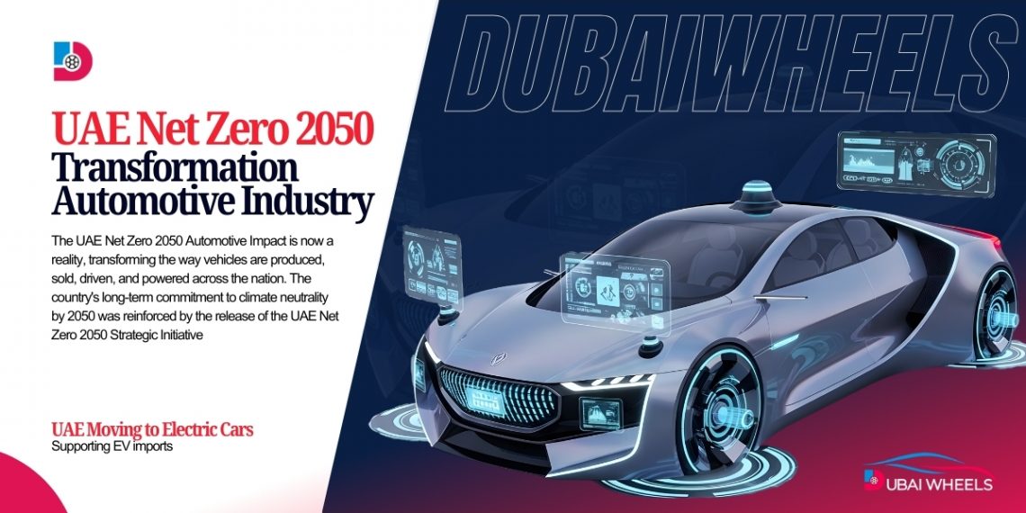 UAE Net Zero 2050 Automotive Impact: Electric vehicles, hybrid cars, and EV charging infrastructure in Dubai and Abu Dhabi promoting sustainable mobility.