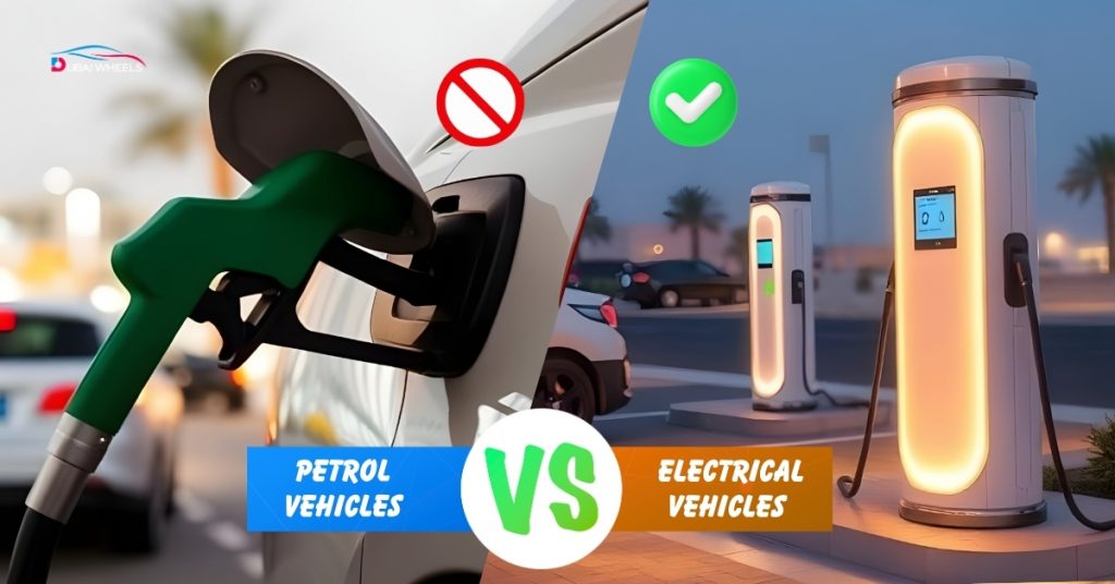 Will petrol and diesel cars be banned in the UAE? Illustration showing transition to electric and hybrid vehicles, EV incentives, and reduced fossil fuel reliance under UAE Net Zero 2050 strategy.