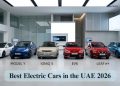 Best Electric Car in the UAE 2026 showing top electric vehicles including Tesla, Hyundai, Kia, Nissan, and BYD for performance, range, and value