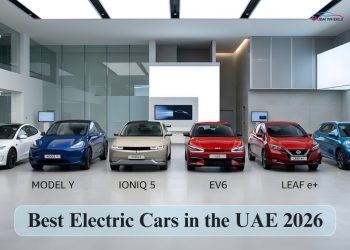 Best Electric Car in the UAE 2026 showing top electric vehicles including Tesla, Hyundai, Kia, Nissan, and BYD for performance, range, and value