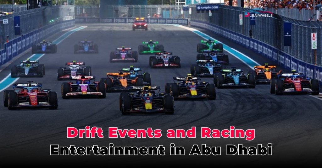 Modified performance drift cars during Abu Dhabi drift events 2026 at Yas Marina Circuit with tire smoke and professional motorsport action