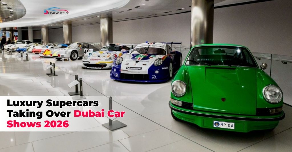 Luxury supercars including Ferrari, Lamborghini, McLaren, Rolls-Royce, and Bugatti displayed at Dubai Car Shows 2026 automotive exhibition