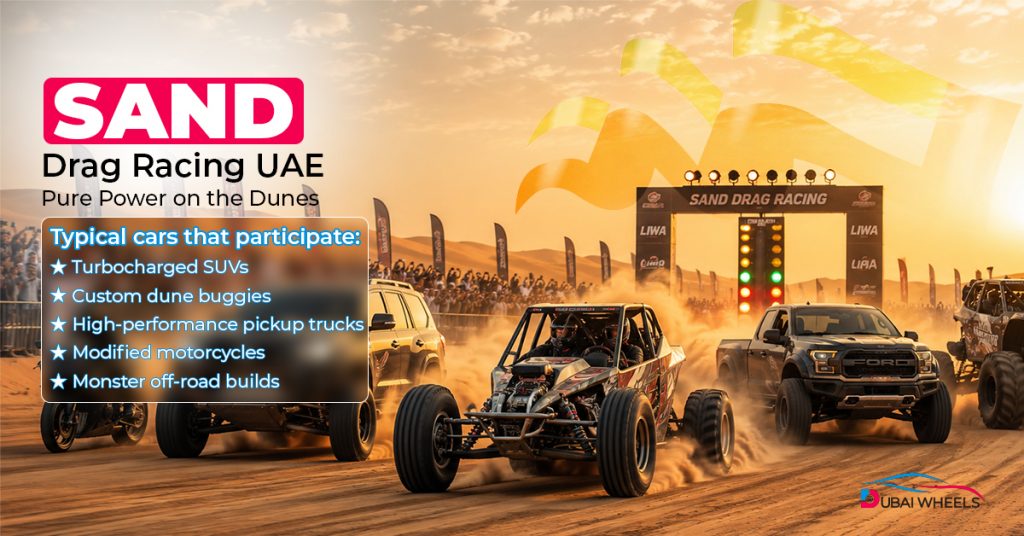 High-performance off-road racing vehicle speeding across desert dunes during a UAE desert racing competition