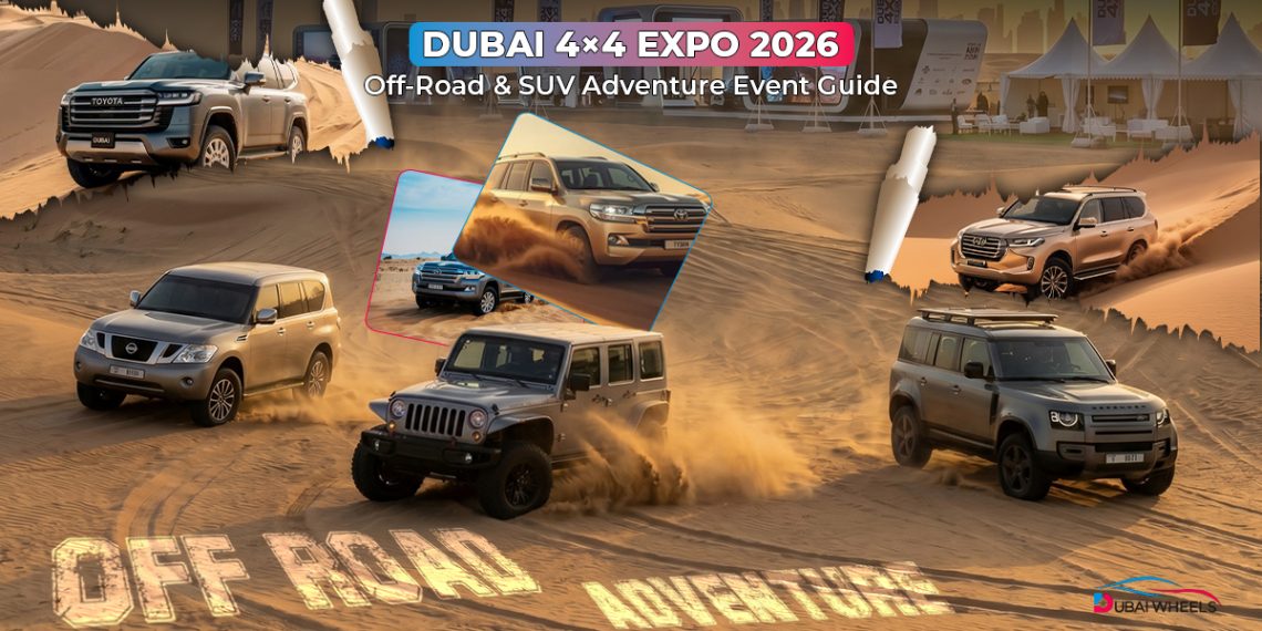 Dubai 4x4 Expo 2026 featuring off-road SUVs, desert adventure vehicles, overlanding builds, and live dune driving experiences in the UAE
