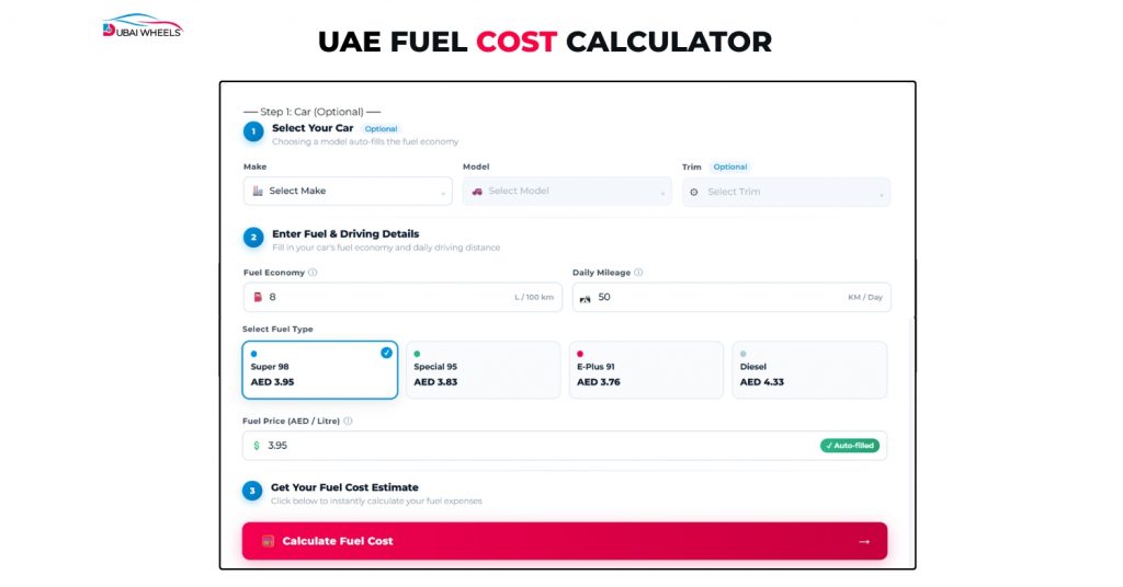 Fuel Price Calculator UAE tool interface showing a user-friendly dashboard to calculate monthly fuel cost based on distance, fuel efficiency, and current UAE fuel prices