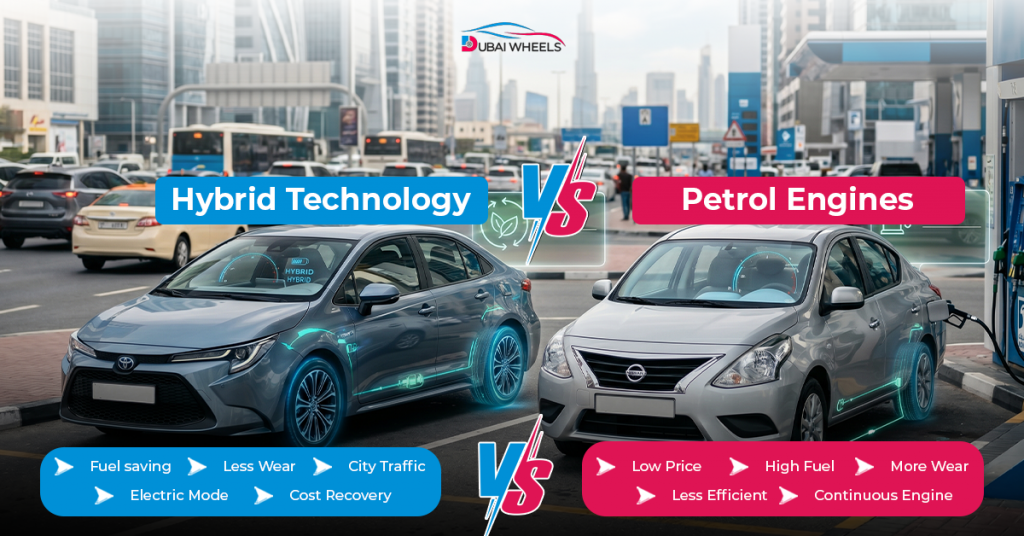 Hybrid vs petrol engine comparison showing long term fuel savings and lower ownership costs in UAE driving conditions